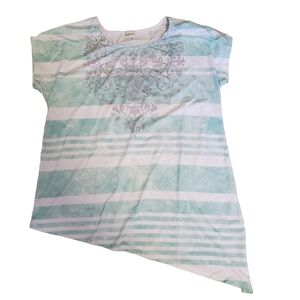 CHICO'S Zenergy 3 XL‎ Tshirt Asymmetrical Hem Studded graphic Green white stripe